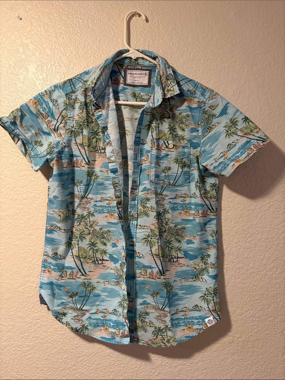 Free Planet Light Blue Tropical Print Short Sleeve Button-Up